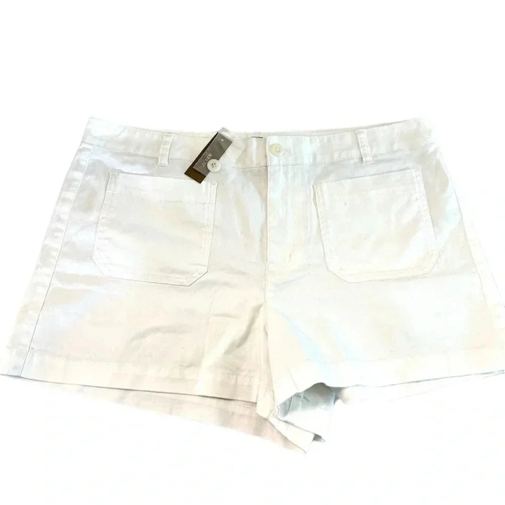 J. Crew New Patch-Pocket Chino Short Women's White Cotton Button Front Sz 14 NWT